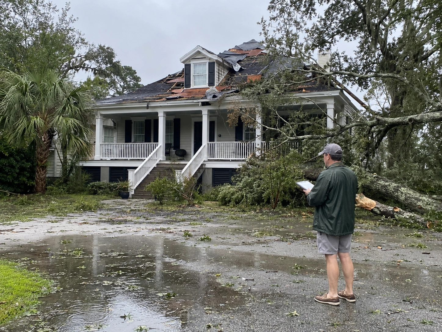 Homeowner documenting storm damage at a Lowcountry home with roof damage, flooding, debris, and a fallen tree limb.
